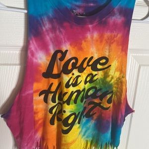 “LOVE IS A HUMAN RIGHT” Fringe Cutoff Tank